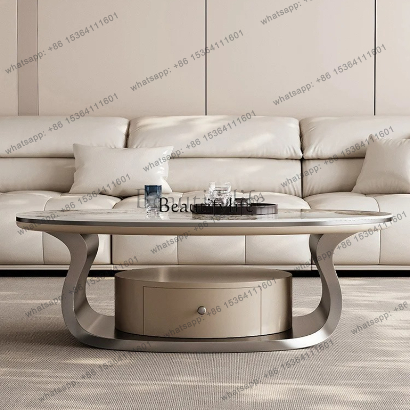 Z. A. Furniture - z.ライトラグジュアリーロックスラブオーバルコーヒーテーブルモダンシンプルコーヒーテーブル家具収納付き