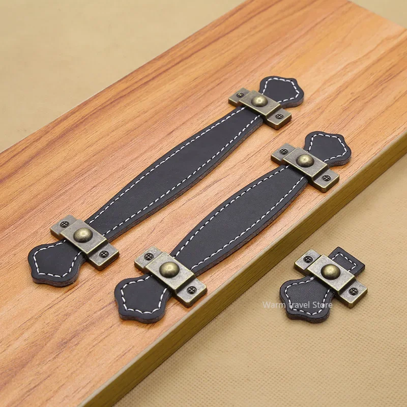 1 個革ハンドルバッグハンドル引き出しドアノブブラウンブラッ - Furniture Hardware Black のレビューと価格